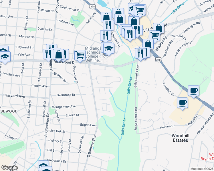 map of restaurants, bars, coffee shops, grocery stores, and more near 320 South Beltline Boulevard in Columbia