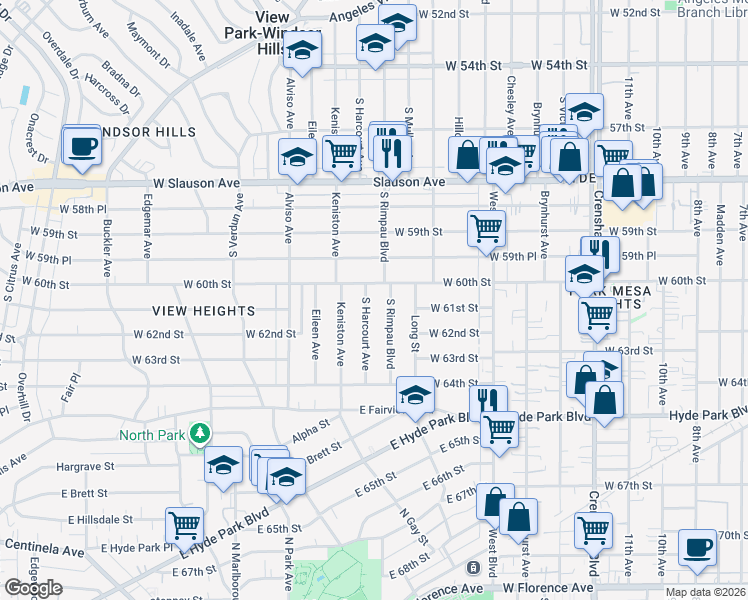 map of restaurants, bars, coffee shops, grocery stores, and more near 6018 South Harcourt Avenue in Los Angeles