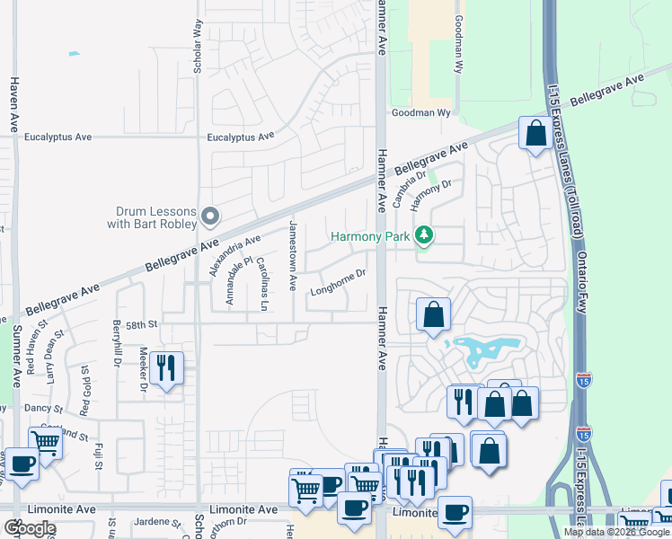 map of restaurants, bars, coffee shops, grocery stores, and more near 12705 Amberhill Avenue in Corona