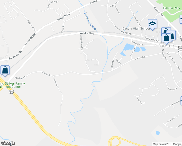 map of restaurants, bars, coffee shops, grocery stores, and more near 479 Village Broad Street in Dacula