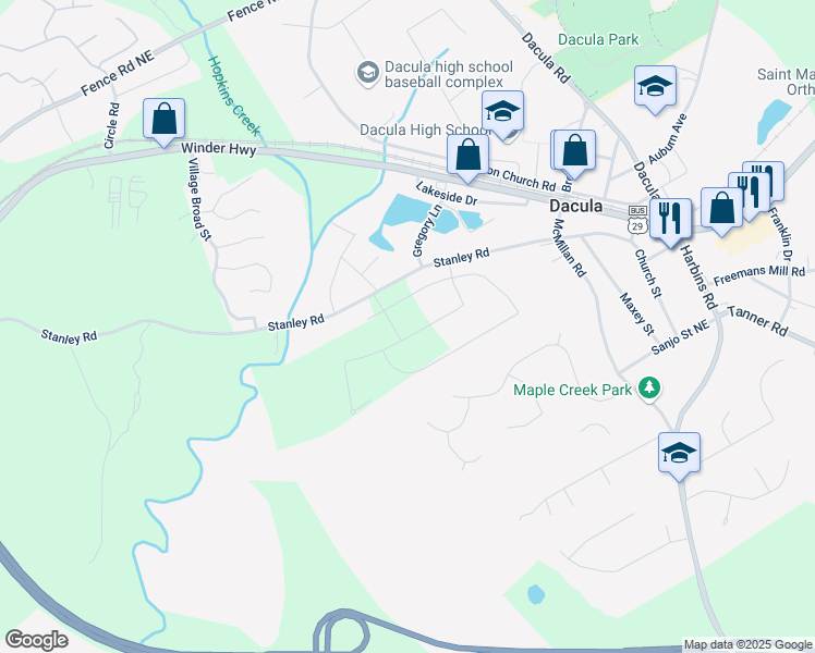map of restaurants, bars, coffee shops, grocery stores, and more near 175 Silverton Drive in Dacula