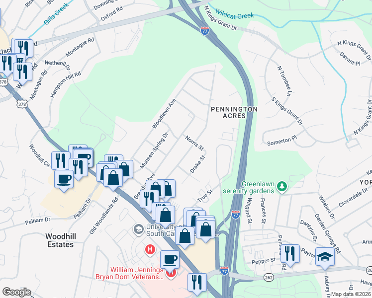 map of restaurants, bars, coffee shops, grocery stores, and more near 1023 Cedar Terrace in Columbia