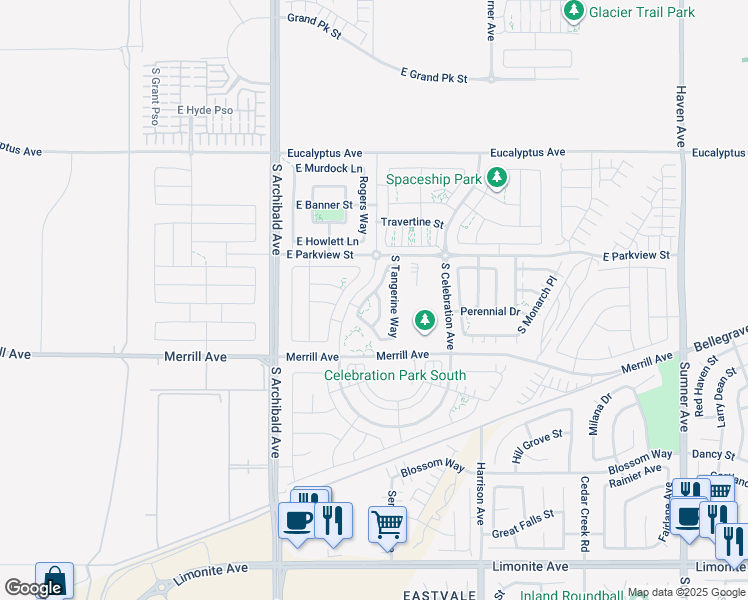 map of restaurants, bars, coffee shops, grocery stores, and more near 4858 South Avocado Trail in Ontario