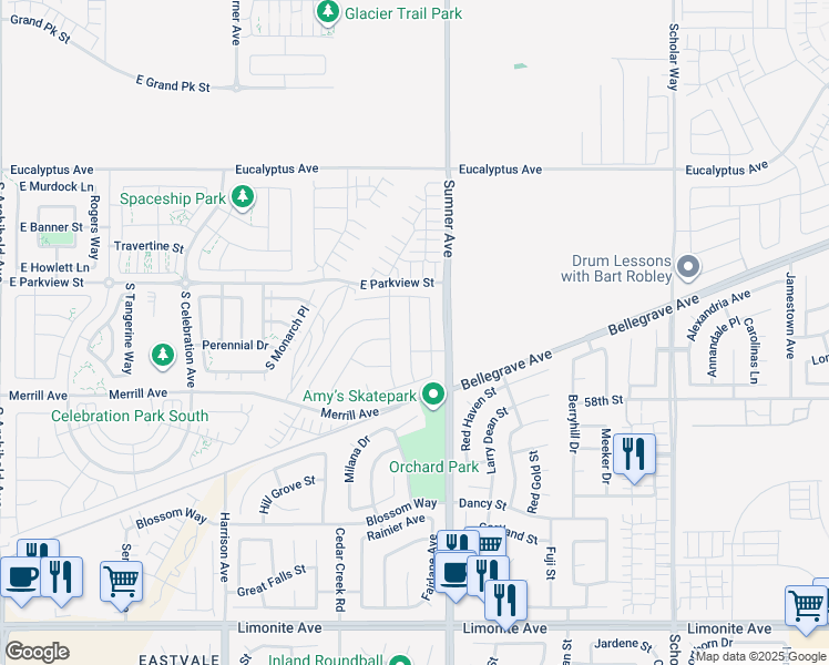 map of restaurants, bars, coffee shops, grocery stores, and more near 4865 South Wilson Avenue in Ontario