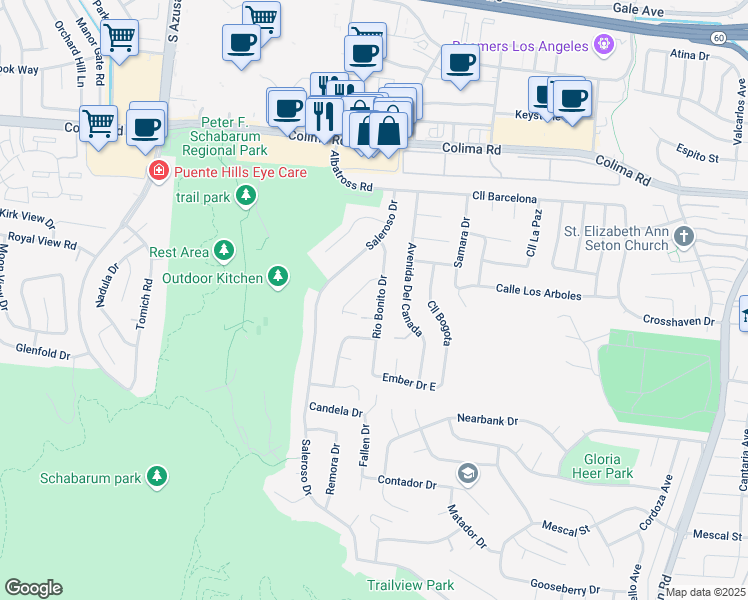 map of restaurants, bars, coffee shops, grocery stores, and more near 1951 Rio Bonito Drive in Rowland Heights