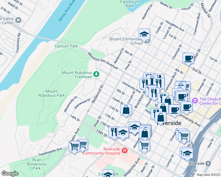 map of restaurants, bars, coffee shops, grocery stores, and more near 4432 9th Street in Riverside