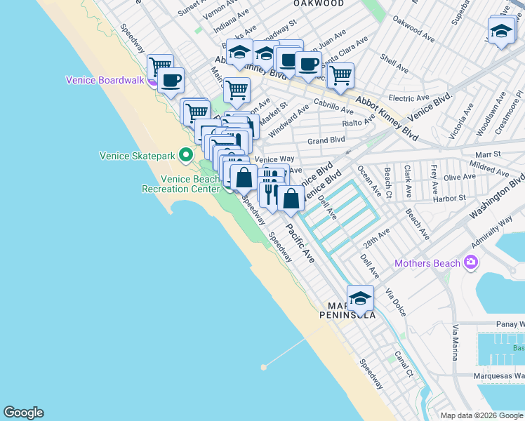 map of restaurants, bars, coffee shops, grocery stores, and more near 20 19th Avenue in Los Angeles