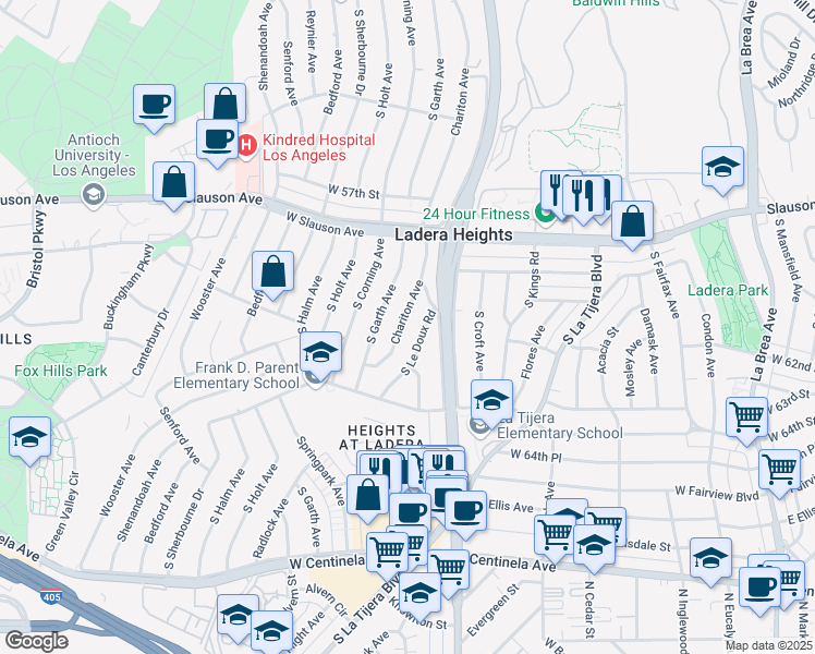 map of restaurants, bars, coffee shops, grocery stores, and more near 5928 Chariton Avenue in Los Angeles