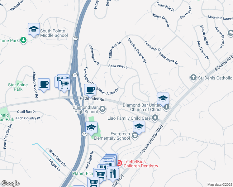 map of restaurants, bars, coffee shops, grocery stores, and more near 21446 Broken Arrow Drive in Diamond Bar