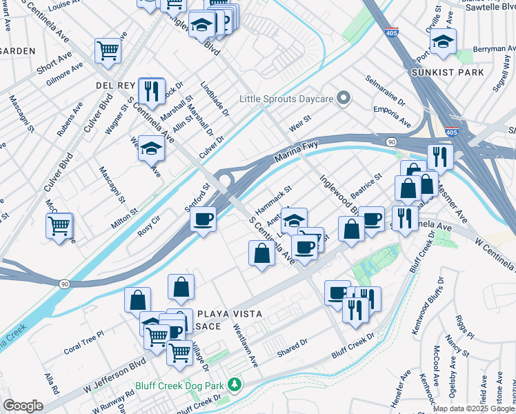 map of restaurants, bars, coffee shops, grocery stores, and more near 12315 Hammack Street in Culver City