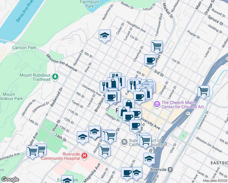 map of restaurants, bars, coffee shops, grocery stores, and more near 3640 Brockton Avenue in Riverside