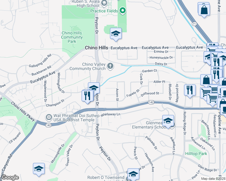 map of restaurants, bars, coffee shops, grocery stores, and more near 3405 Tulip Avenue in Chino Hills