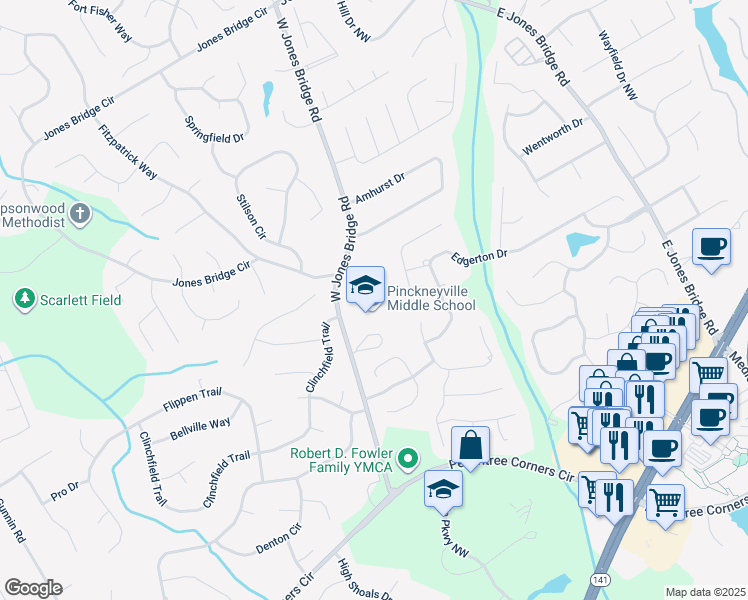 map of restaurants, bars, coffee shops, grocery stores, and more near 5440 West Jones Bridge Road in Norcross