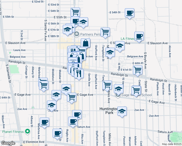 map of restaurants, bars, coffee shops, grocery stores, and more near 2701 Randolph Street in Huntington Park