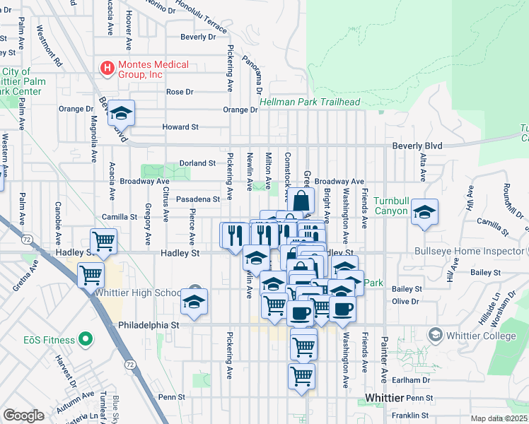map of restaurants, bars, coffee shops, grocery stores, and more near 6230 Milton Avenue in Whittier