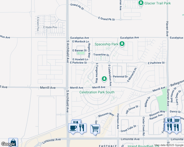 map of restaurants, bars, coffee shops, grocery stores, and more near 4858 South Avocado Trail in Ontario