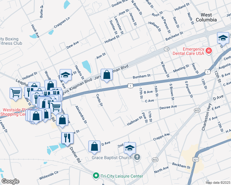 map of restaurants, bars, coffee shops, grocery stores, and more near 1917 Augusta Road in West Columbia