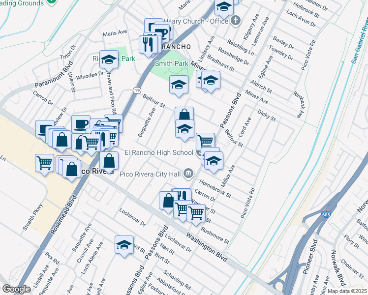 map of restaurants, bars, coffee shops, grocery stores, and more near 6501 Passons Boulevard in Pico Rivera