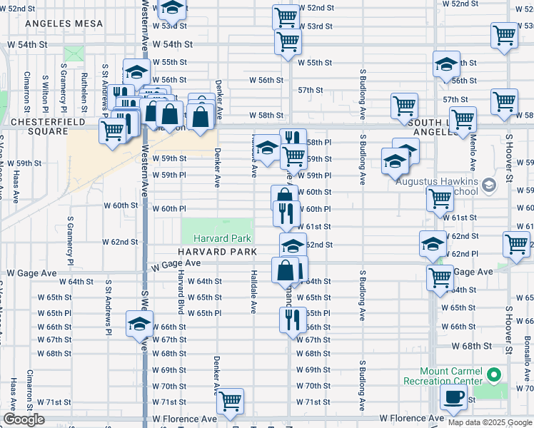 map of restaurants, bars, coffee shops, grocery stores, and more near 1452 West 60th Street in Los Angeles