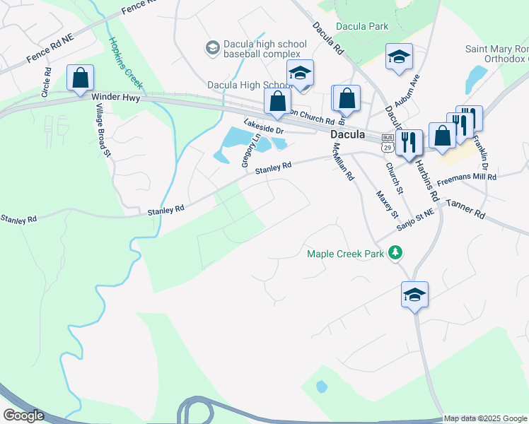 map of restaurants, bars, coffee shops, grocery stores, and more near 106 Silverton Drive in Dacula