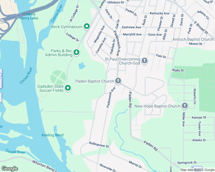 map of restaurants, bars, coffee shops, grocery stores, and more near 220 Riverside Drive in Gadsden