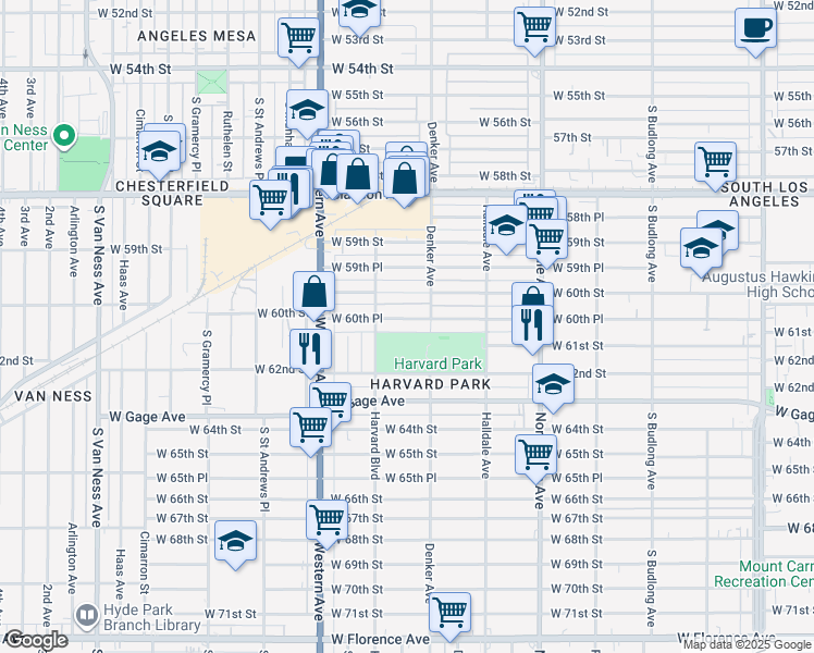 map of restaurants, bars, coffee shops, grocery stores, and more near 1626 West 60th Place in Los Angeles