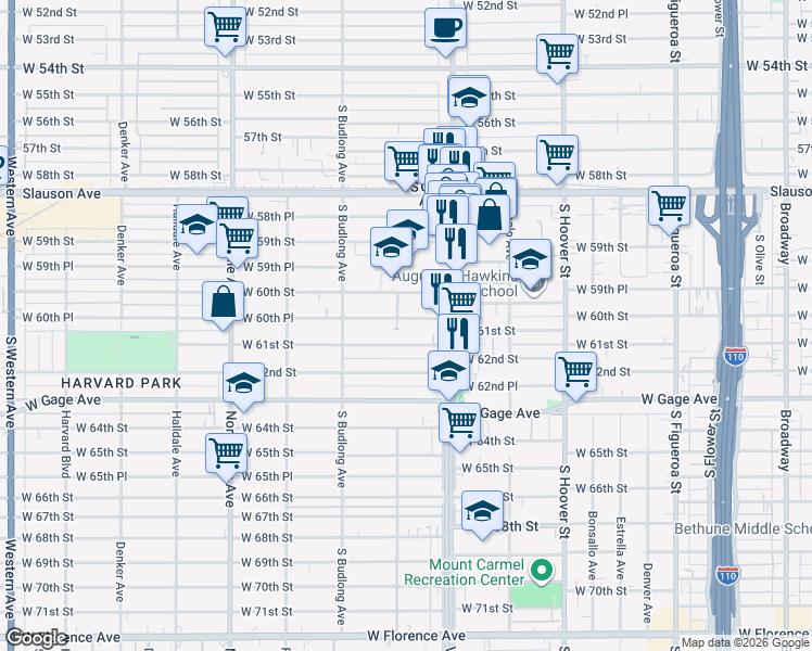 map of restaurants, bars, coffee shops, grocery stores, and more near 1050 West 60th Place in Los Angeles
