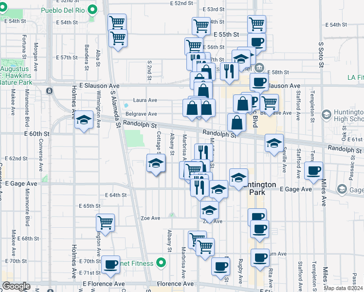 map of restaurants, bars, coffee shops, grocery stores, and more near 6141 Marbrisa Avenue in Huntington Park