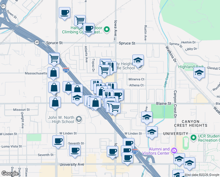 map of restaurants, bars, coffee shops, grocery stores, and more near 2901 Iowa Avenue in Riverside