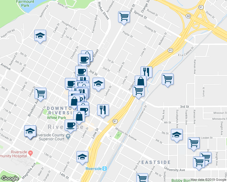 map of restaurants, bars, coffee shops, grocery stores, and more near 3321 Lemon Street in Riverside