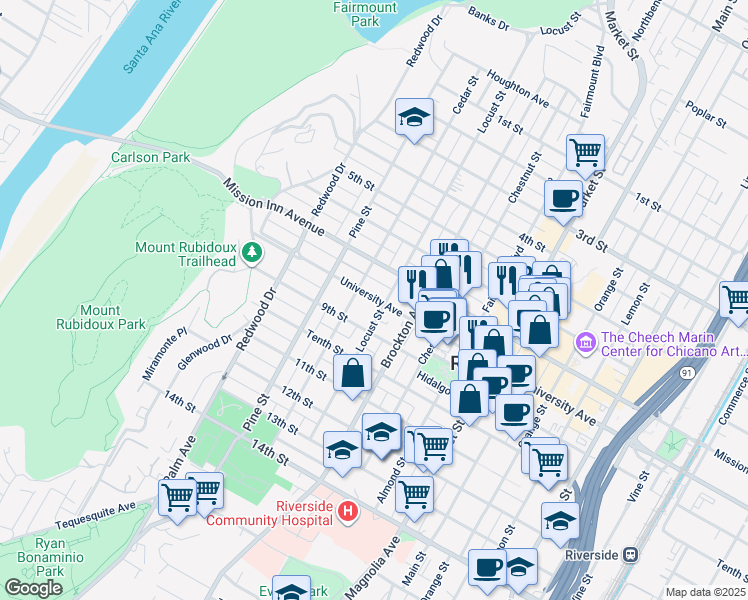 map of restaurants, bars, coffee shops, grocery stores, and more near 3760 Cedar Street in Riverside