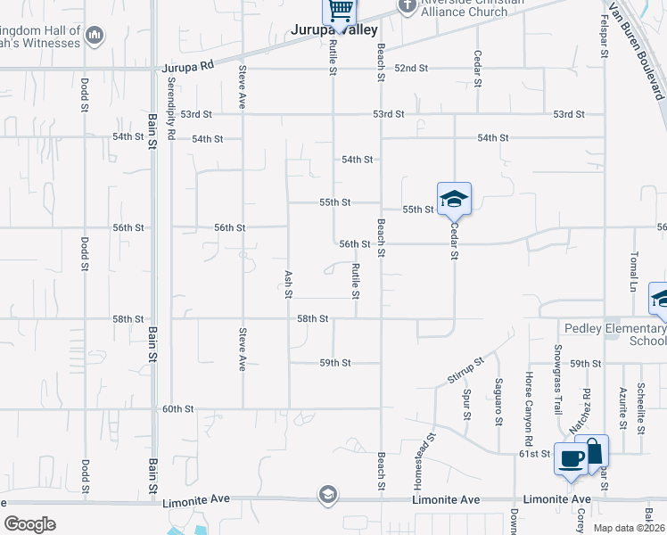 map of restaurants, bars, coffee shops, grocery stores, and more near 9772 56th Street in Riverside