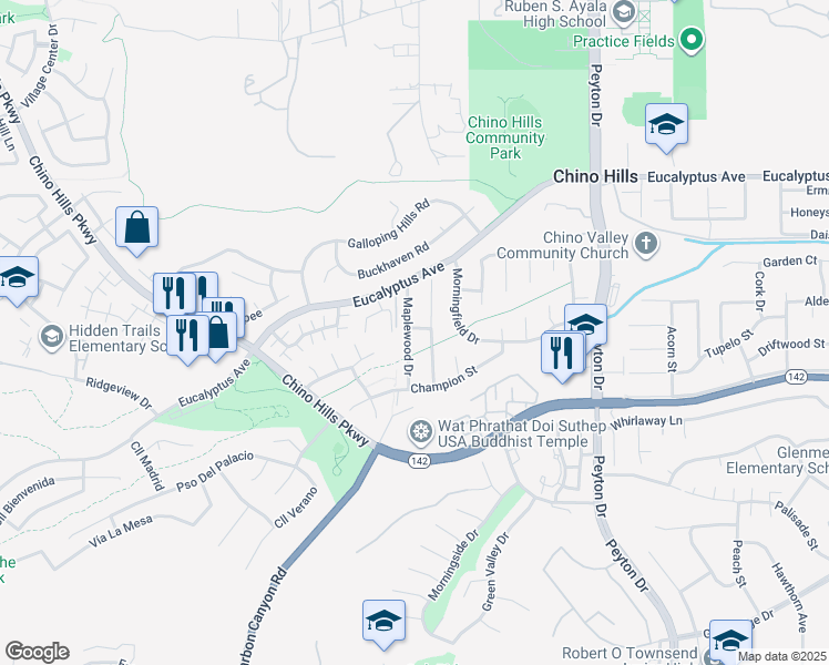map of restaurants, bars, coffee shops, grocery stores, and more near 14757 Maplewood Drive in Chino Hills