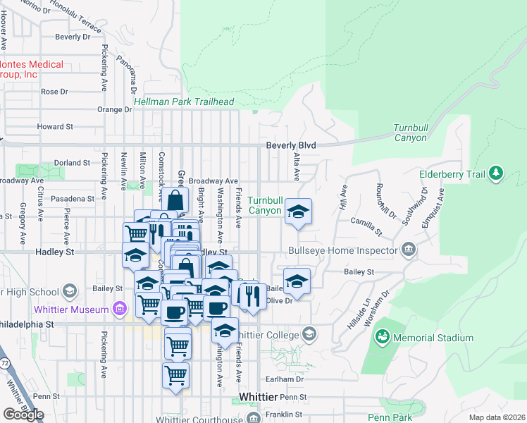 map of restaurants, bars, coffee shops, grocery stores, and more near 6222 Painter Avenue in Whittier