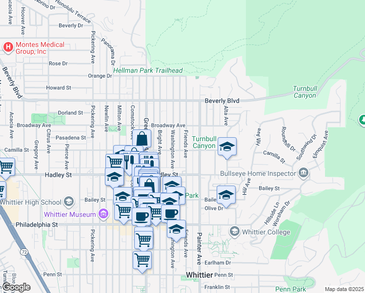 map of restaurants, bars, coffee shops, grocery stores, and more near 6226 Friends Avenue in Whittier