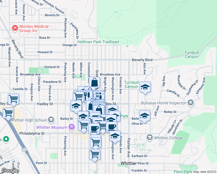 map of restaurants, bars, coffee shops, grocery stores, and more near in Whittier