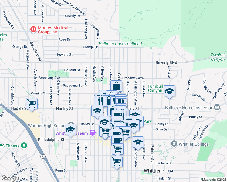 map of restaurants, bars, coffee shops, grocery stores, and more near 6227 Greenleaf Avenue in Whittier