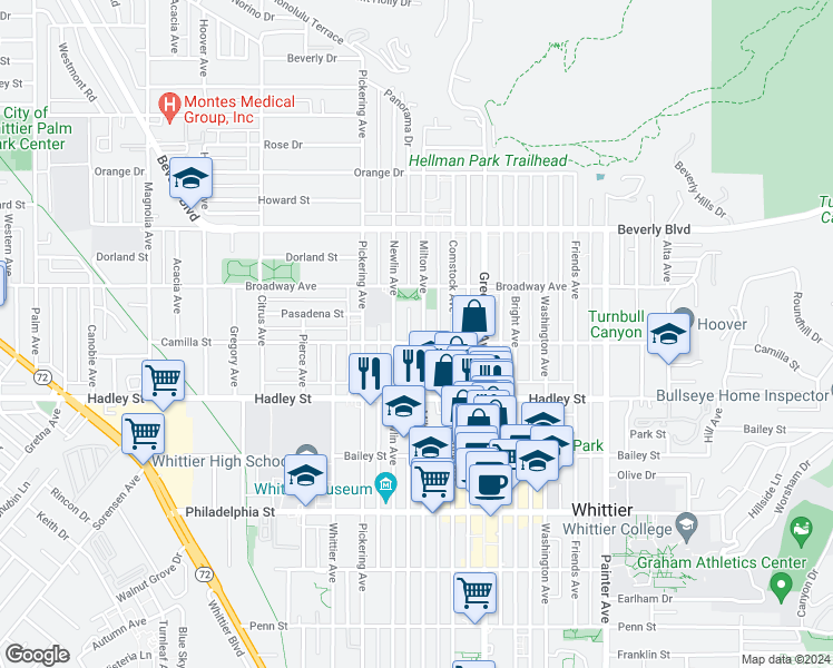 map of restaurants, bars, coffee shops, grocery stores, and more near 6230 Milton Avenue in Whittier