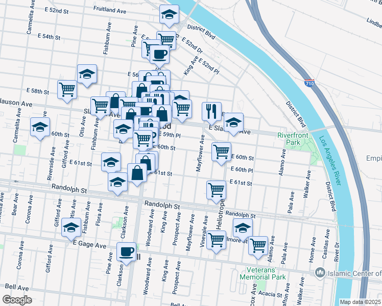 map of restaurants, bars, coffee shops, grocery stores, and more near 4650 East 59th Place in Maywood