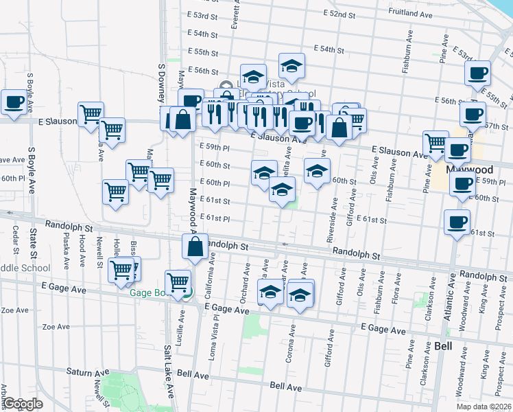 map of restaurants, bars, coffee shops, grocery stores, and more near 6021 Carmelita Avenue in Huntington Park