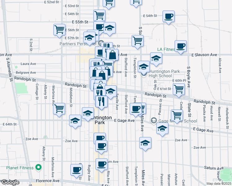 map of restaurants, bars, coffee shops, grocery stores, and more near 2701 Randolph Street in Huntington Park