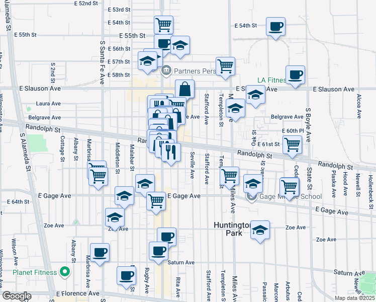 map of restaurants, bars, coffee shops, grocery stores, and more near 2701 Randolph Street in Huntington Park