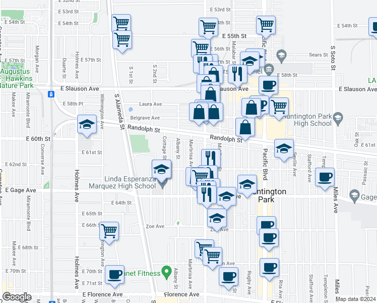 map of restaurants, bars, coffee shops, grocery stores, and more near 6119 Marbrisa Avenue in Huntington Park