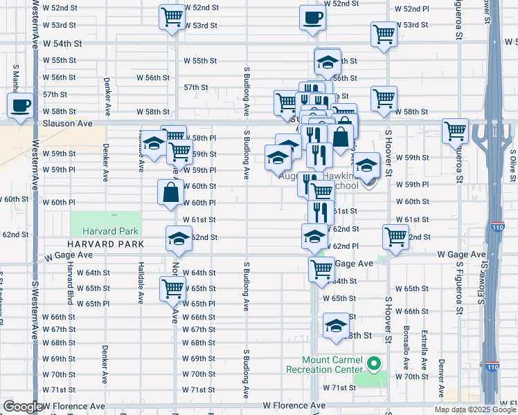 map of restaurants, bars, coffee shops, grocery stores, and more near 1122 West 60th Street in Los Angeles