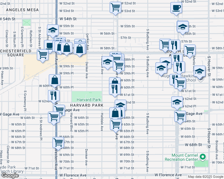 map of restaurants, bars, coffee shops, grocery stores, and more near 6001 Normandie Avenue in Los Angeles