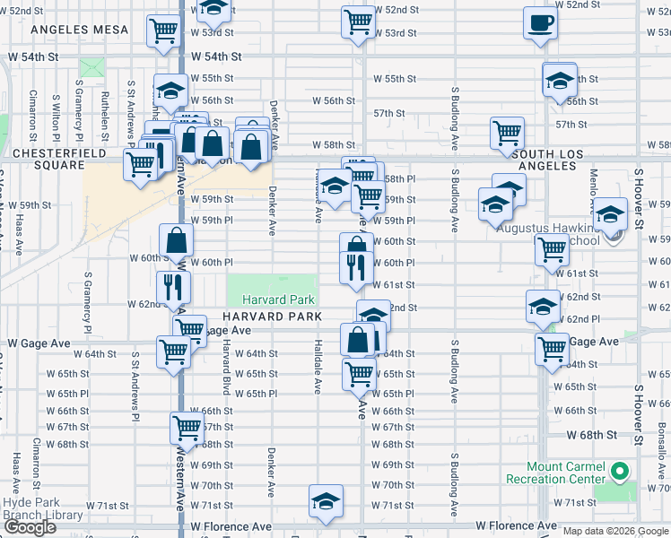 map of restaurants, bars, coffee shops, grocery stores, and more near 1452 West 60th Street in Los Angeles