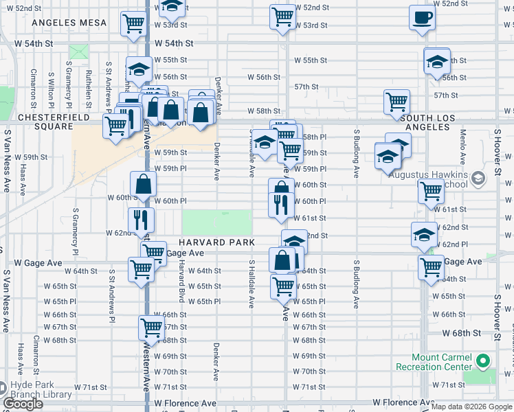 map of restaurants, bars, coffee shops, grocery stores, and more near 1452 West 60th Street in Los Angeles