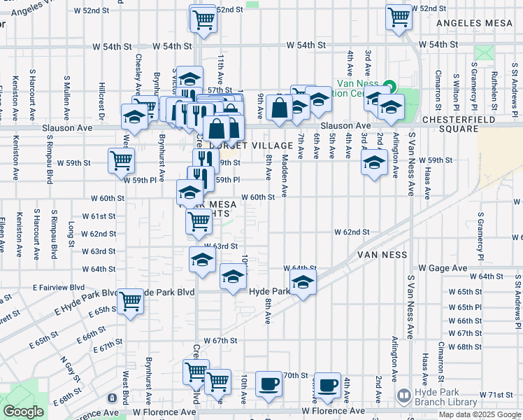 map of restaurants, bars, coffee shops, grocery stores, and more near 3131 West 60th Street in Los Angeles