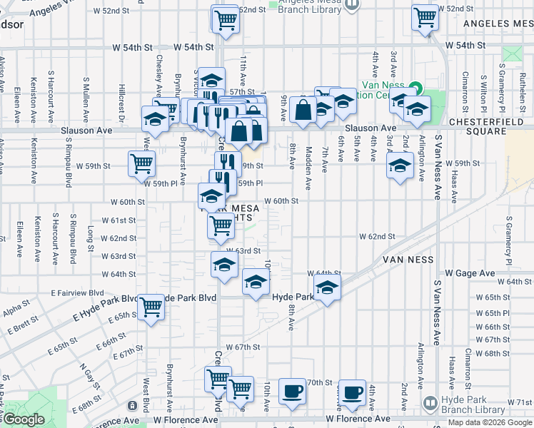 map of restaurants, bars, coffee shops, grocery stores, and more near 3131 West 60th Street in Los Angeles