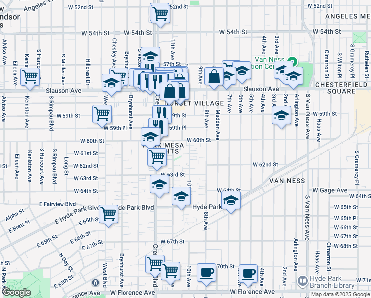 map of restaurants, bars, coffee shops, grocery stores, and more near 3335 West 60th Street in Los Angeles